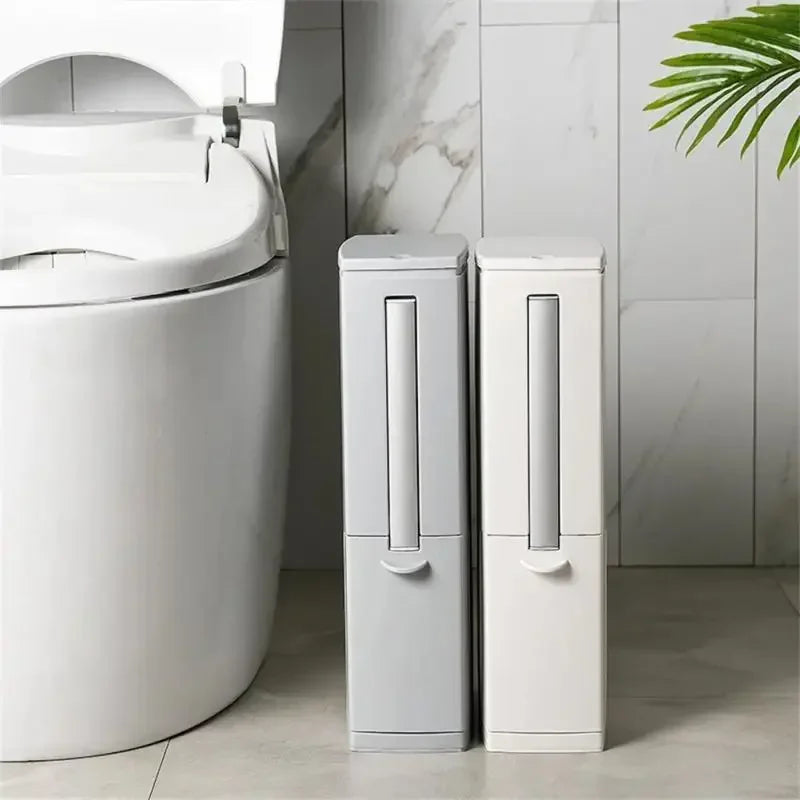 Bathroom Trash Can with Toilet Brush – Slim Plastic Waste Bin for Home & Kitchen
