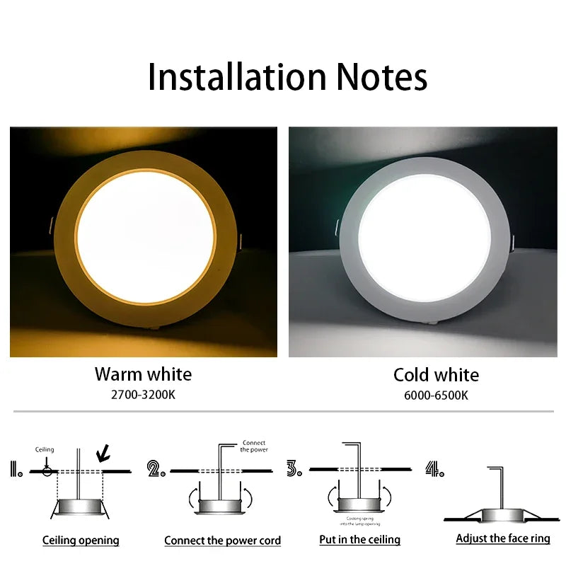 LED Recessed Downlight – 5W/9W/12W/15W/18W Round Ceiling Panel Lamp, 110V/220V, Warm & Cool White
