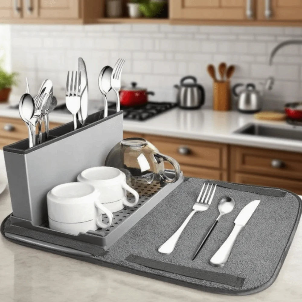4-in-1 Foldable Dish Drying Rack & Tableware Drainer Mat with Utensil Holder