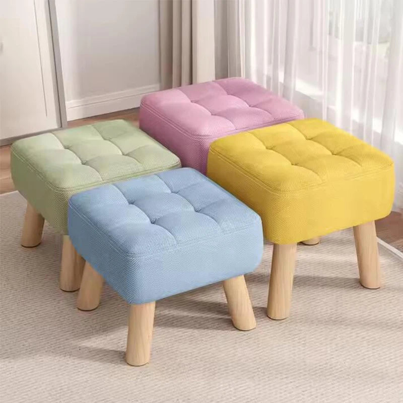 Solid Wood Footstool with Upholstered Seat – Round Shoe-Changing & Tea Bench