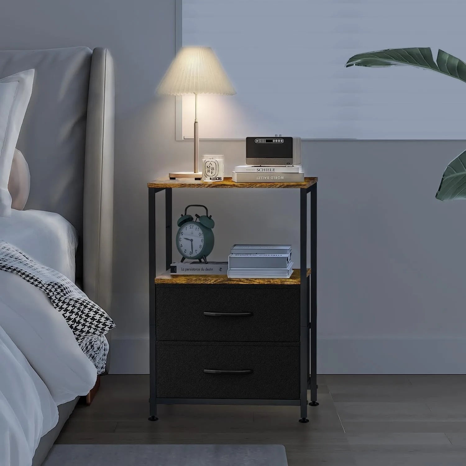 Bedside Side Table with 2 Fabric Storage Drawers – Nightstand for Small Spaces