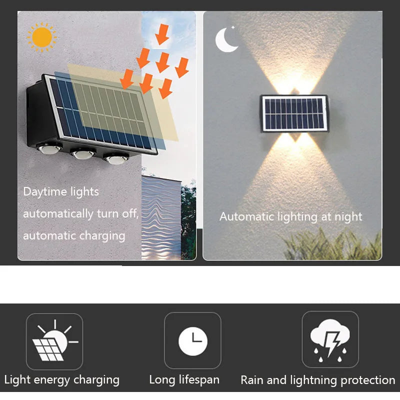 Solar LED Wall Lamp – Waterproof Outdoor Up & Down Lighting for Garden, Yard & Street (4/6/8 LEDs)