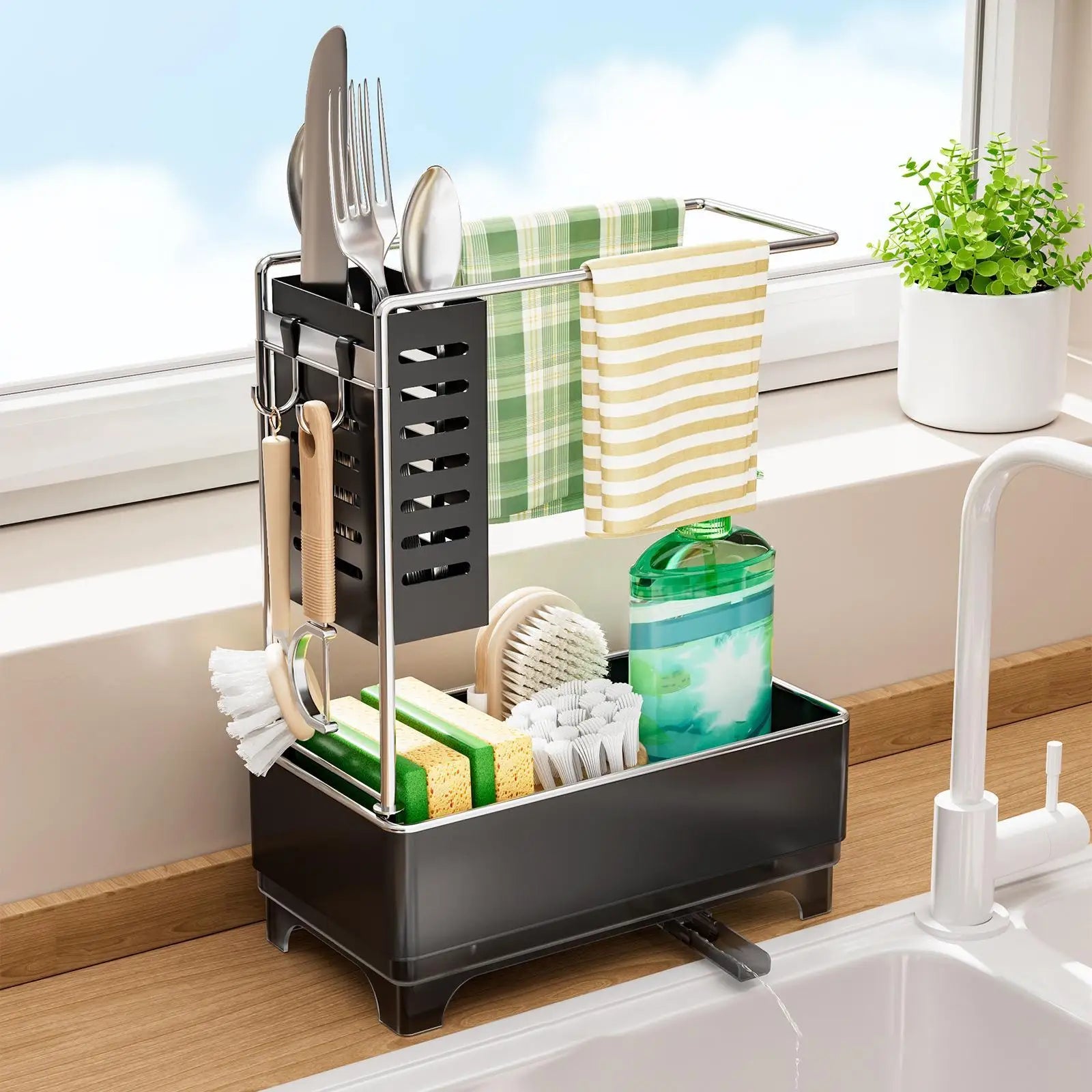 Kitchen Sink Organizer with Drain Tray – Black