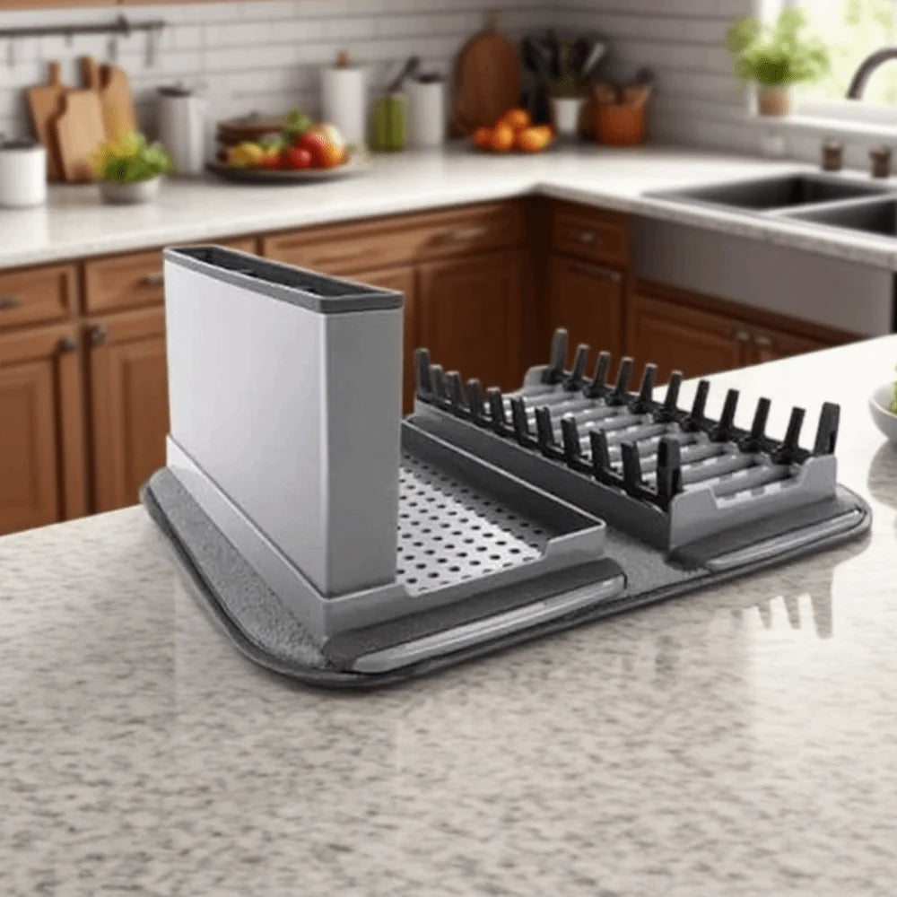 4-in-1 Foldable Dish Drying Rack & Tableware Drainer Mat with Utensil Holder
