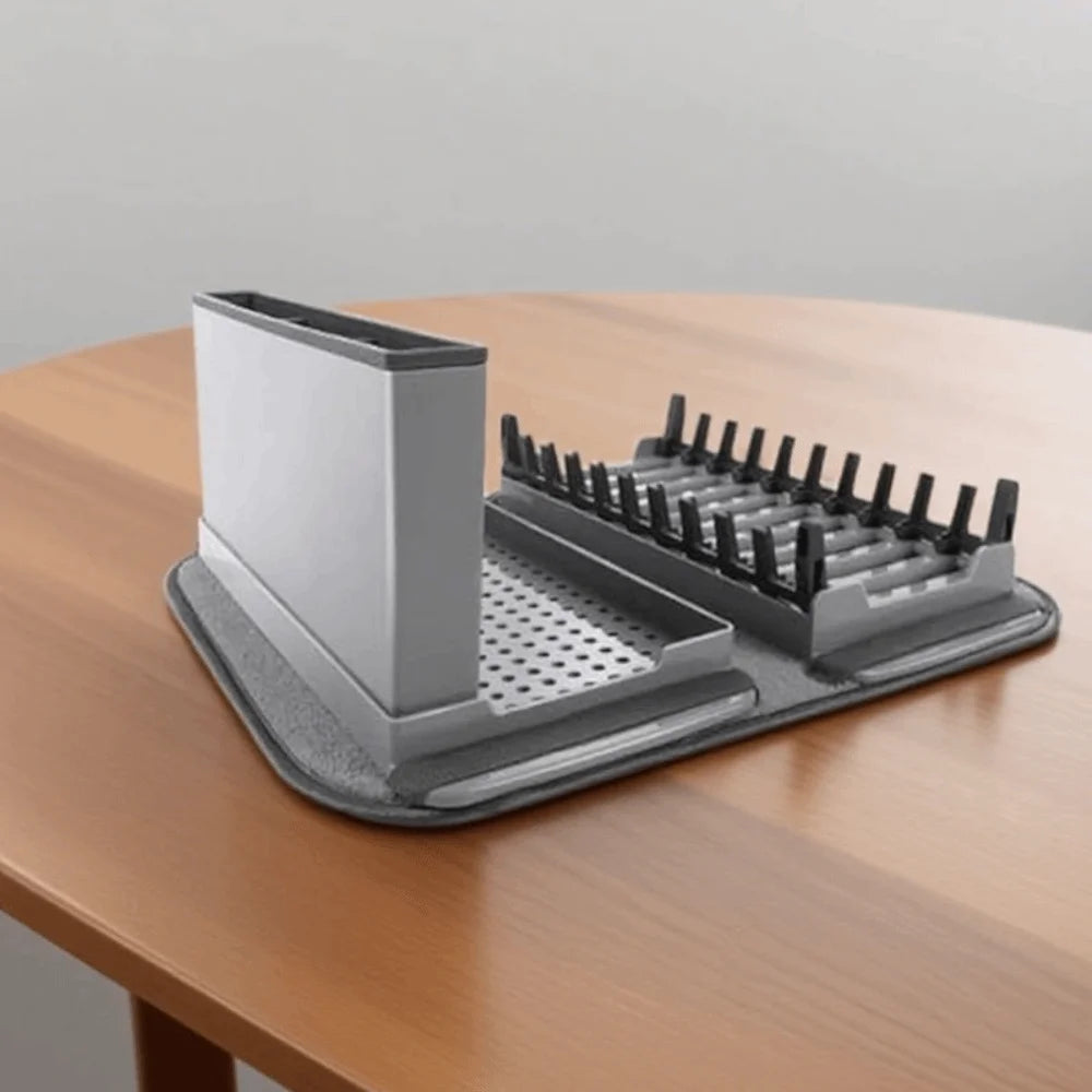 4-in-1 Foldable Dish Drying Rack & Tableware Drainer Mat with Utensil Holder