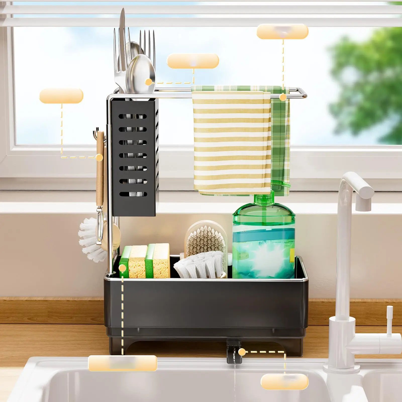 Kitchen Sink Organizer with Drain Tray – Black