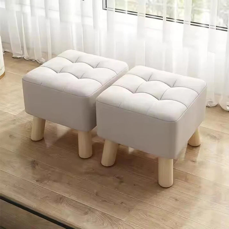 Solid Wood Footstool with Upholstered Seat – Round Shoe-Changing & Tea Bench