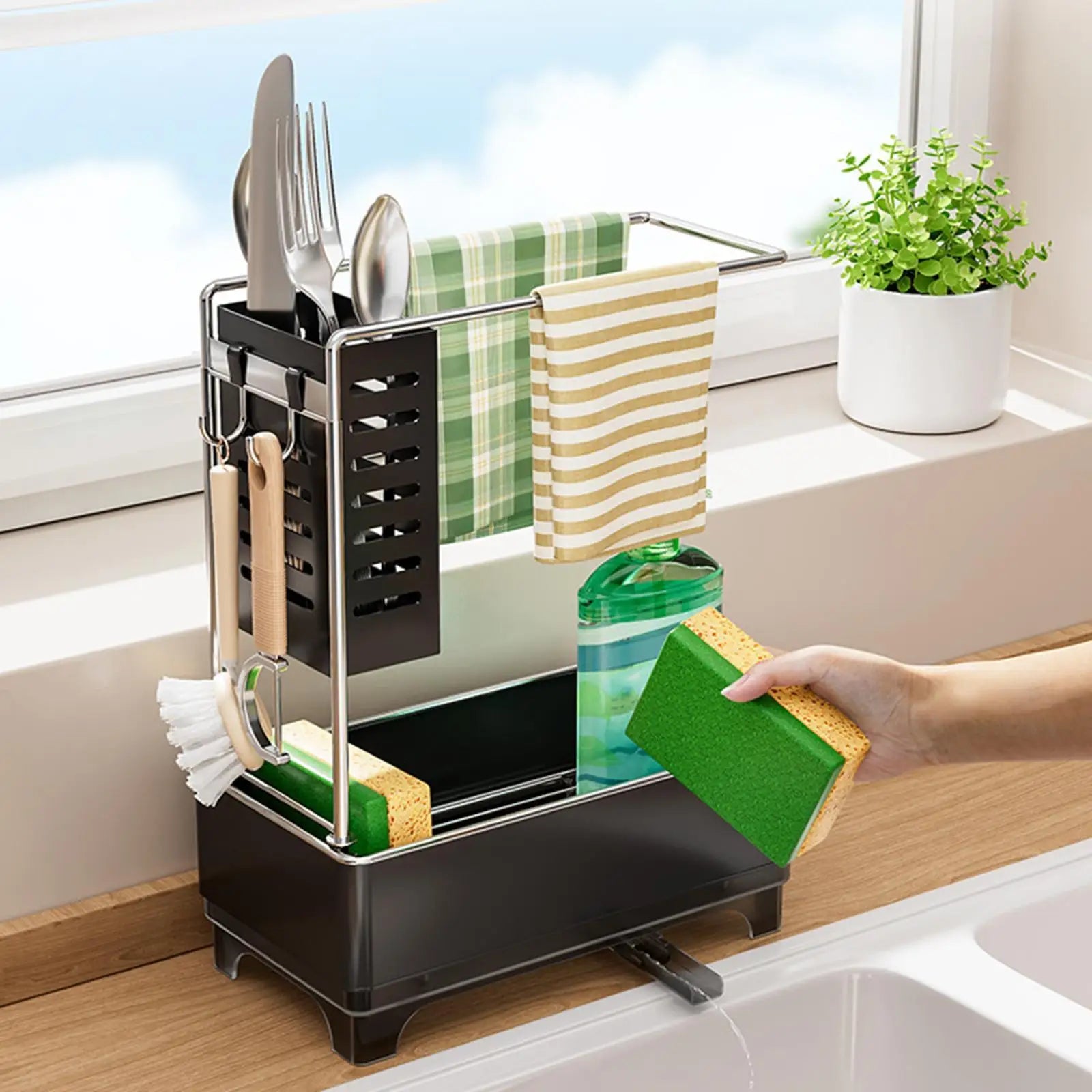 Kitchen Sink Organizer with Drain Tray – Black