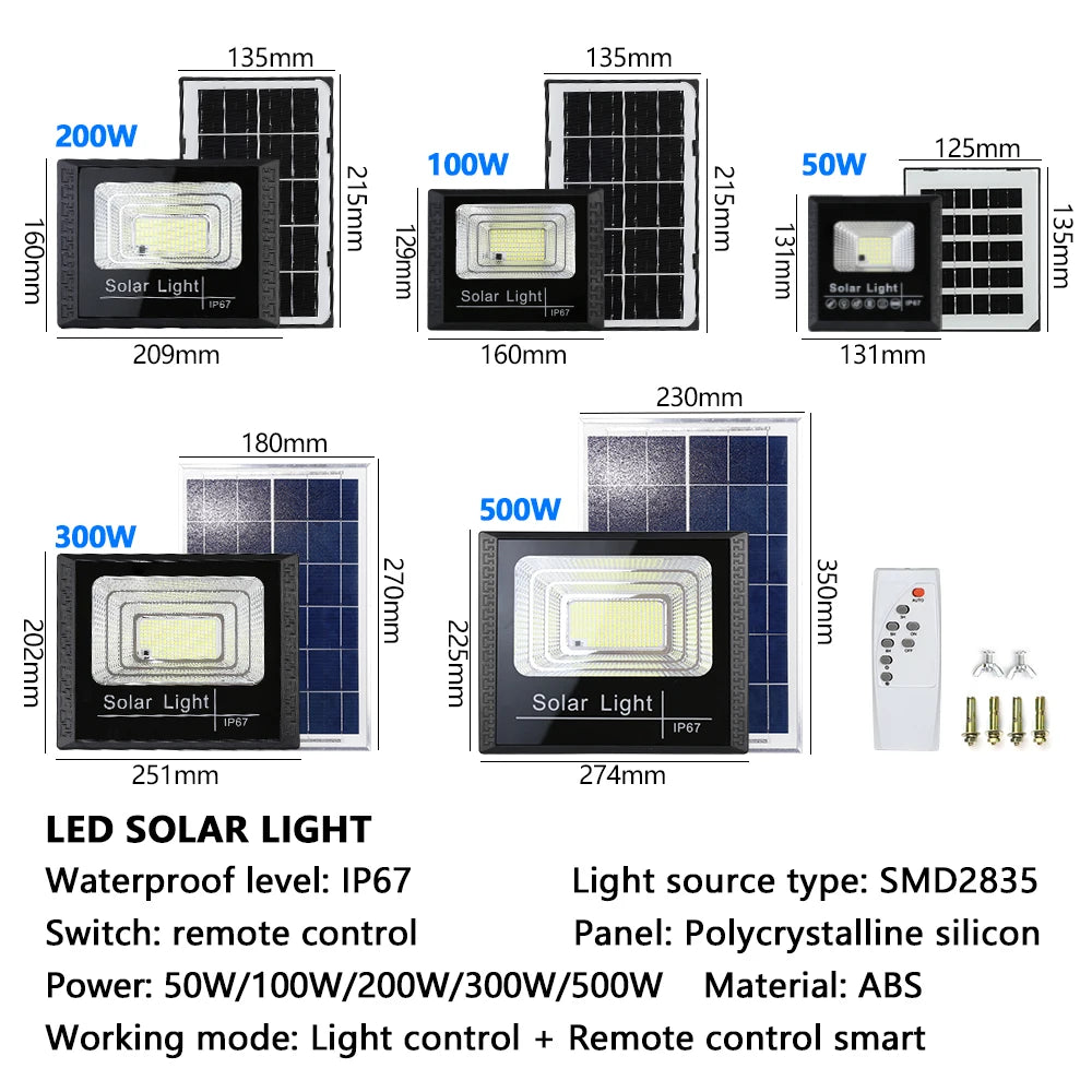 LED Solar Flood Light with Remote – Outdoor Waterproof Spotlight for Garden & Street (50W–500W)