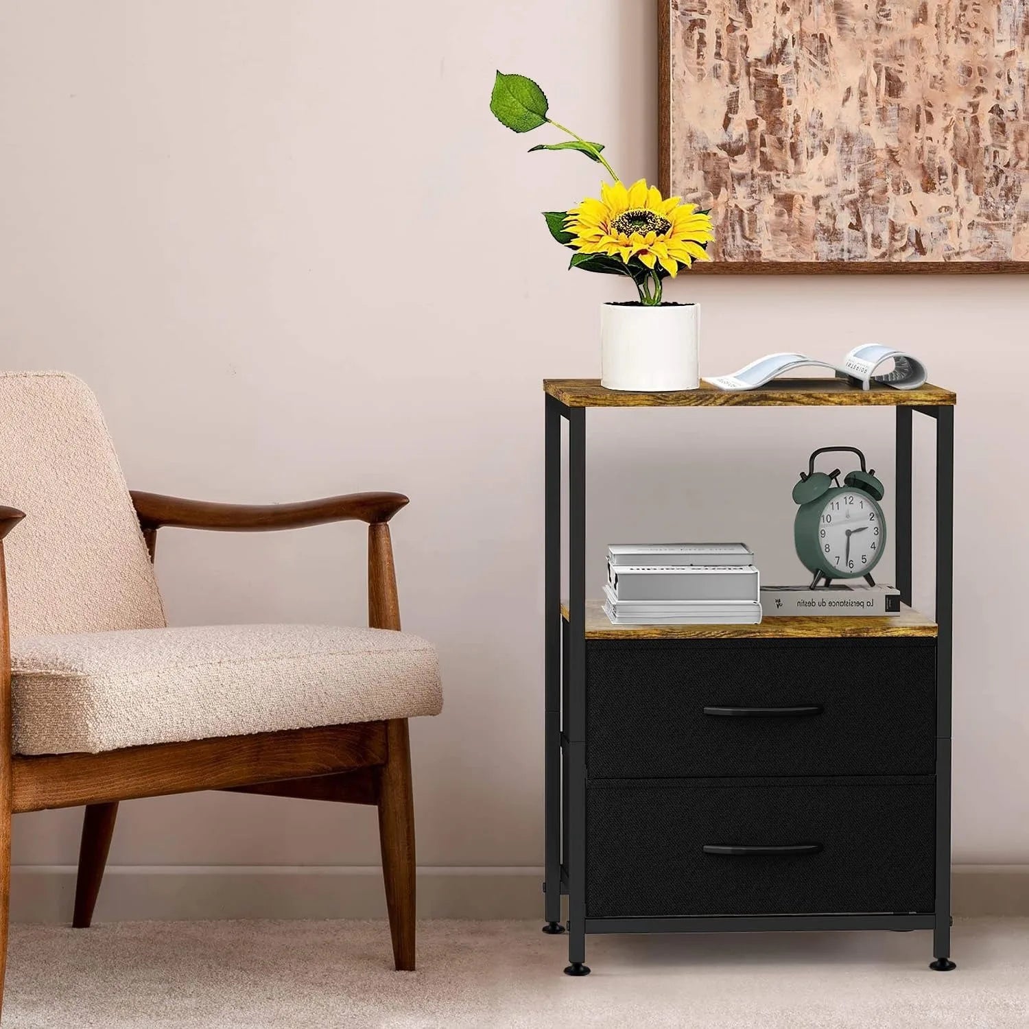 Bedside Side Table with 2 Fabric Storage Drawers – Nightstand for Small Spaces