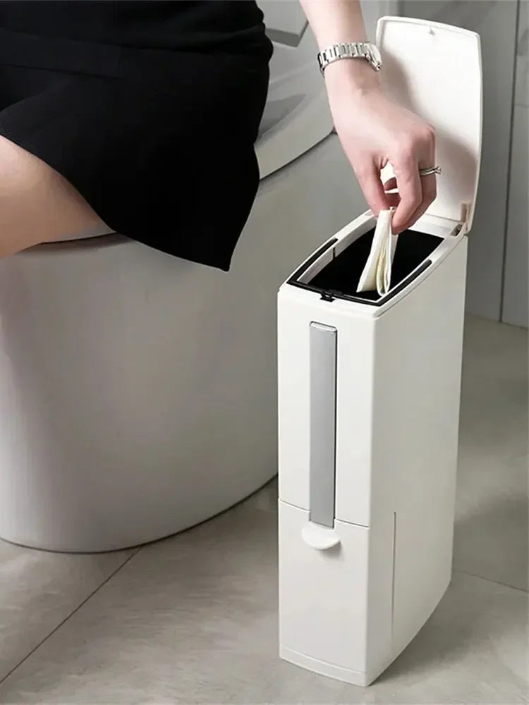 Bathroom Trash Can with Toilet Brush – Slim Plastic Waste Bin for Home & Kitchen