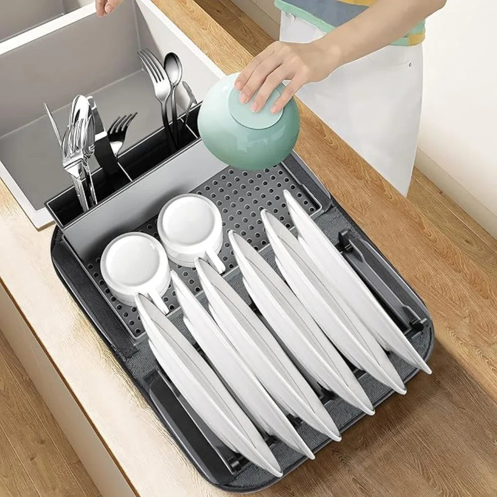 4-in-1 Foldable Dish Drying Rack & Tableware Drainer Mat with Utensil Holder