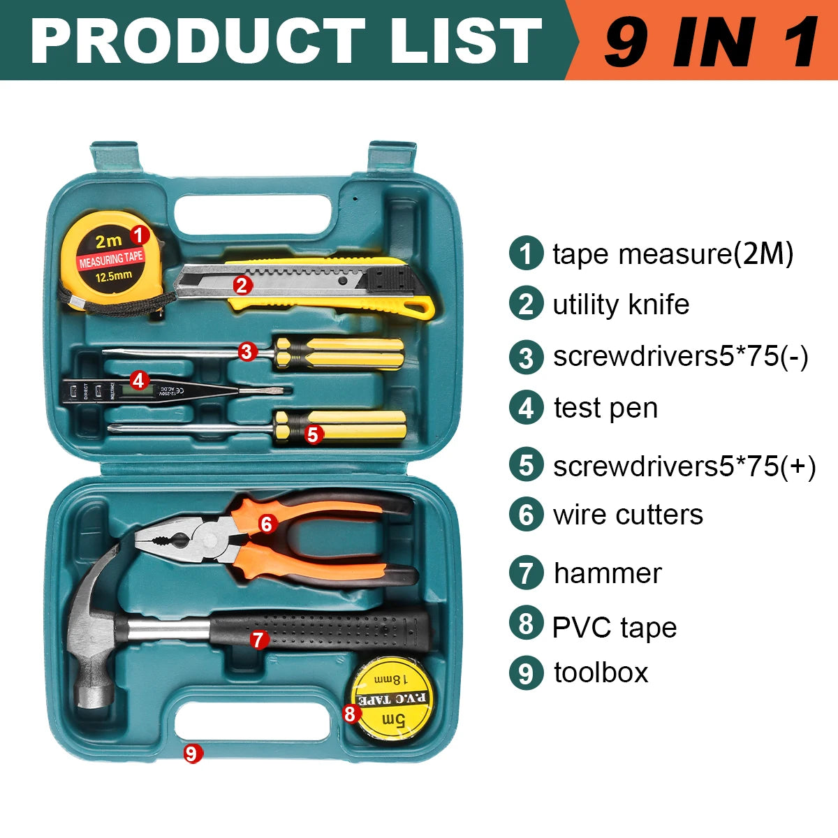 Household Hand Tool Kit – 8/9/12/13 Piece Set with Storage Case